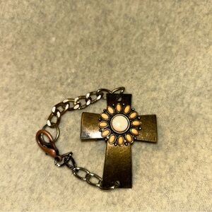 Vintage Bronze Cross Bracelet with Floral Accent